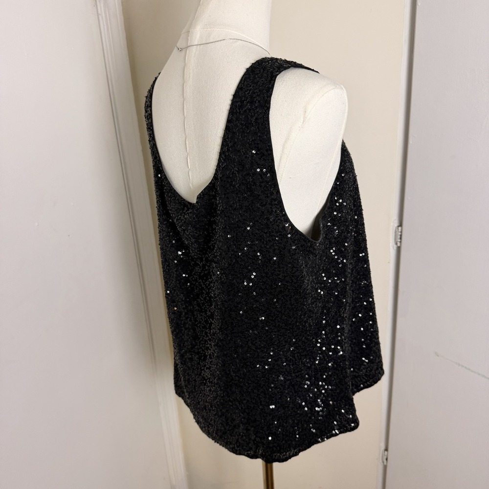 Eileen Fisher Silk Sequin Tank Top Sz L Black Stretch Lined Scoop Neck